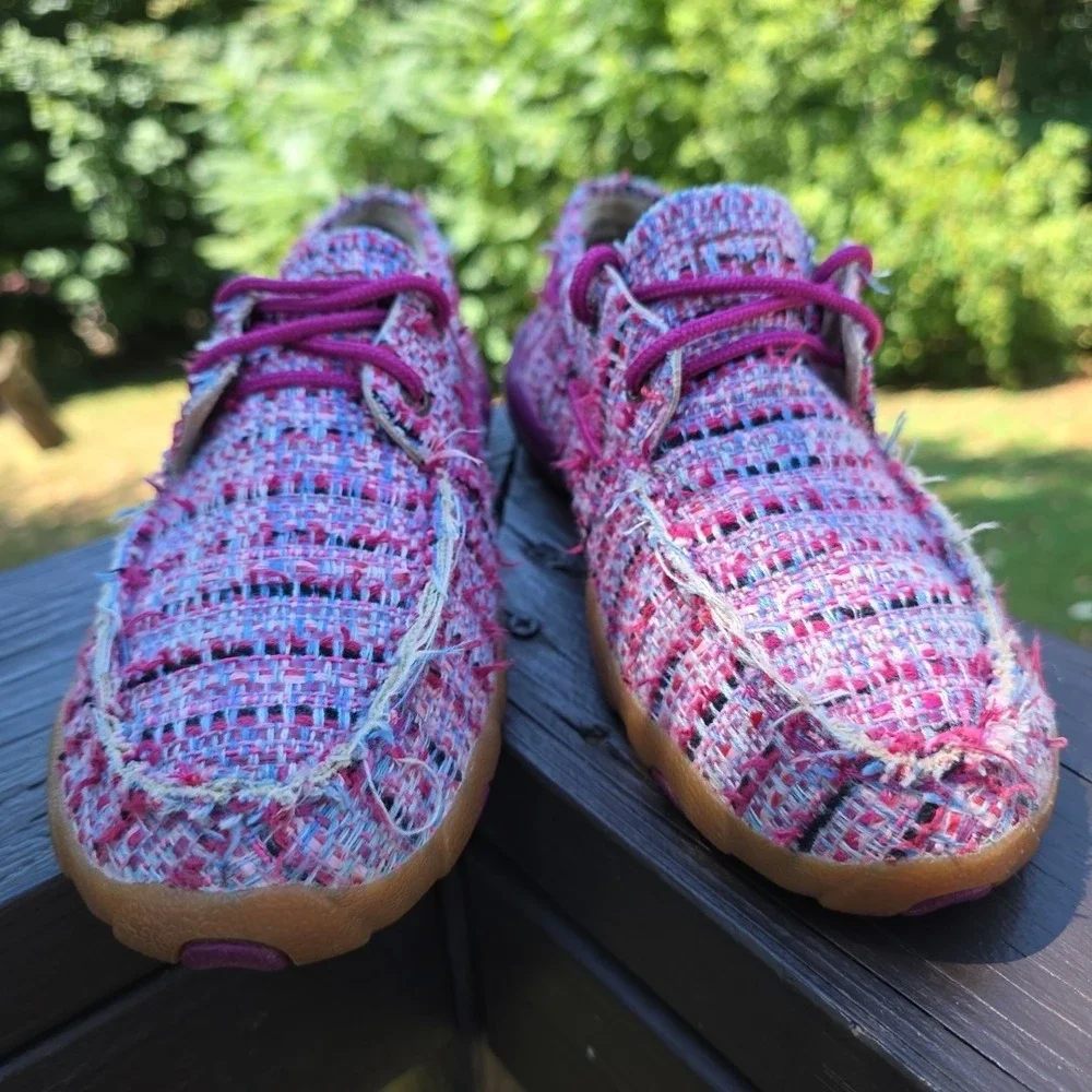 Twisted X Boots Pink Plaid Burlap Driver‎ Loafers Women's 8.5